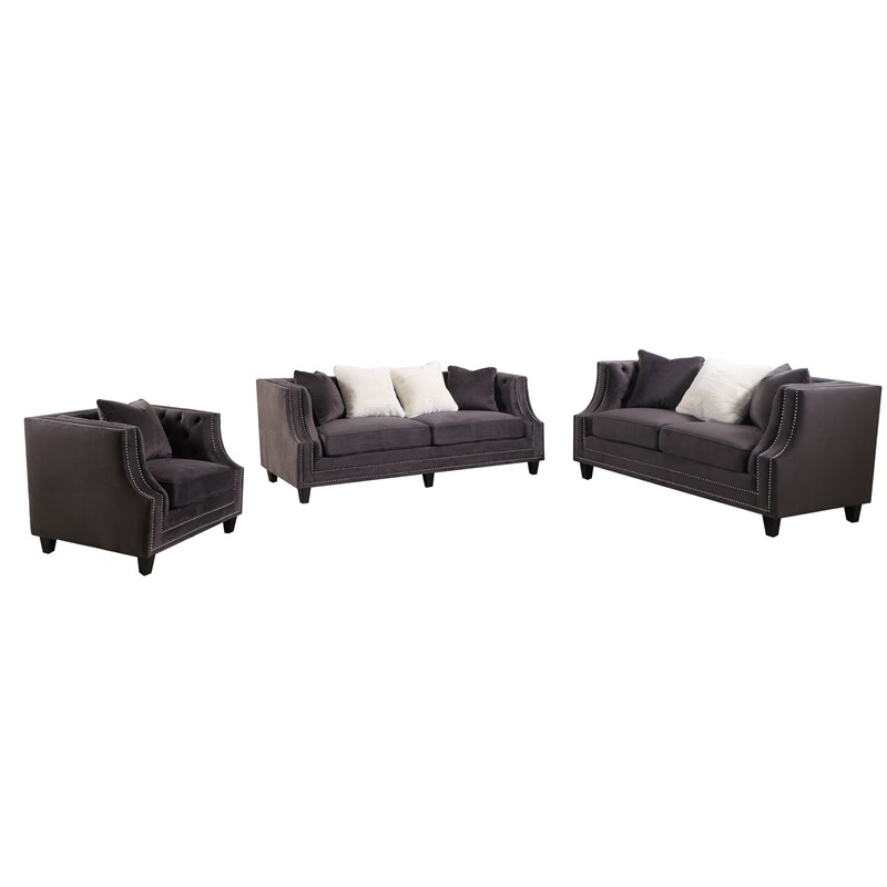 Marylou 3-Piece Velvet Living Room Sofa Set in Gray