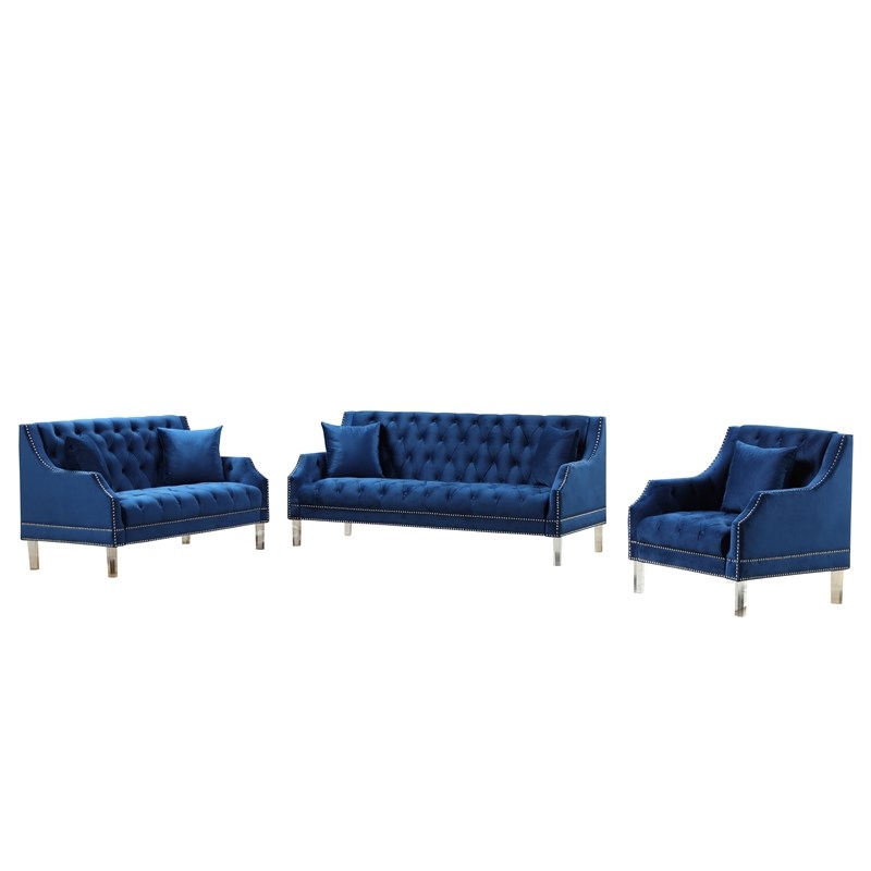 Tao Tufted Velvet with Acrylic Legs Living Room Set in Blue