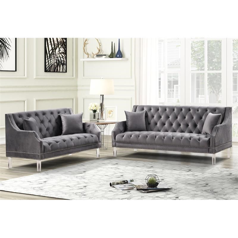 Tao Tufted Velvet with Acrylic Legs Sofa and Loveseat Set in Gray