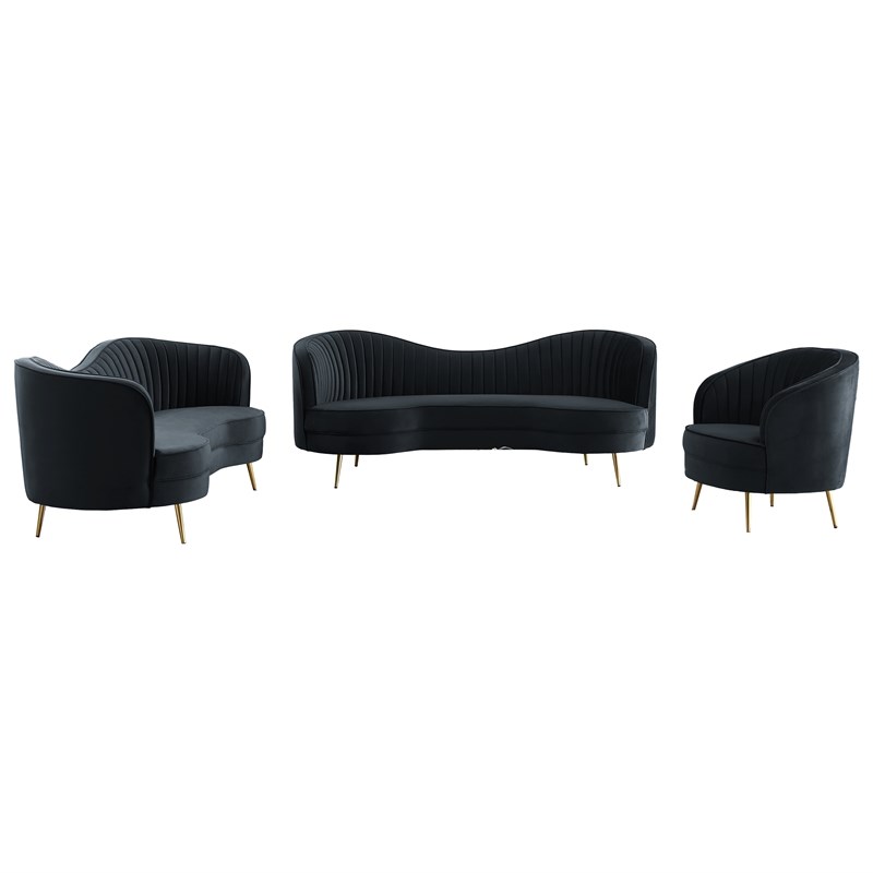 Wallace 3-piece Modern Velvet Living Room Set in Black