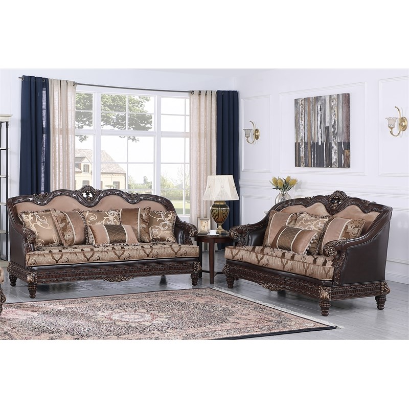 Marquess 2-Piece Traditional Walnut Faux Leather Sofa and Loveseat Set