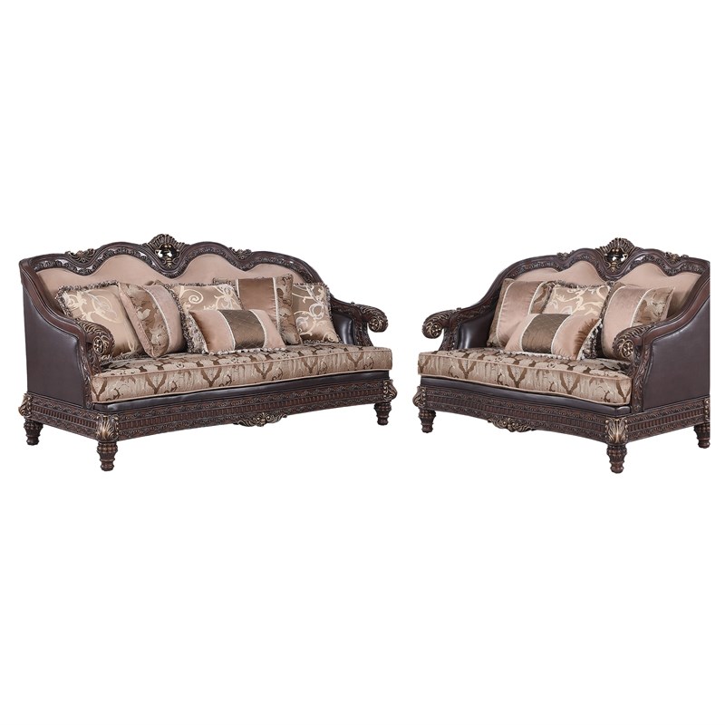 Traditional Walnut Faux Leather Sofa, Formal Leather Sofa Set