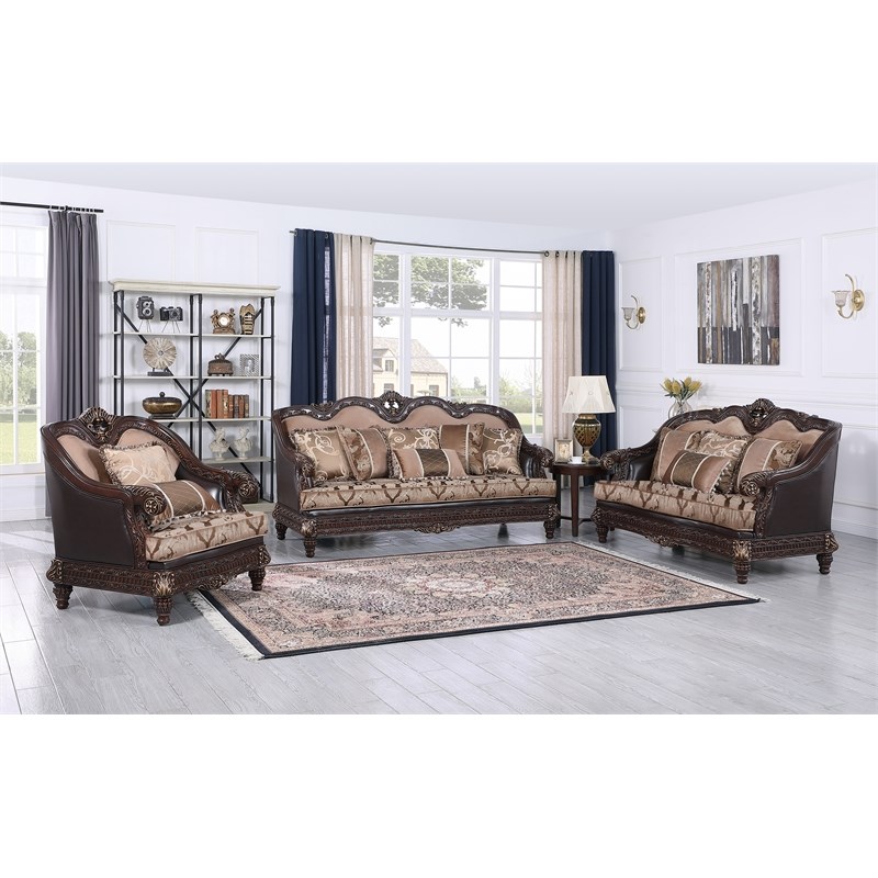 Marquess 3-Piece Traditional Walnut Faux Leather Living Room Sofa Set