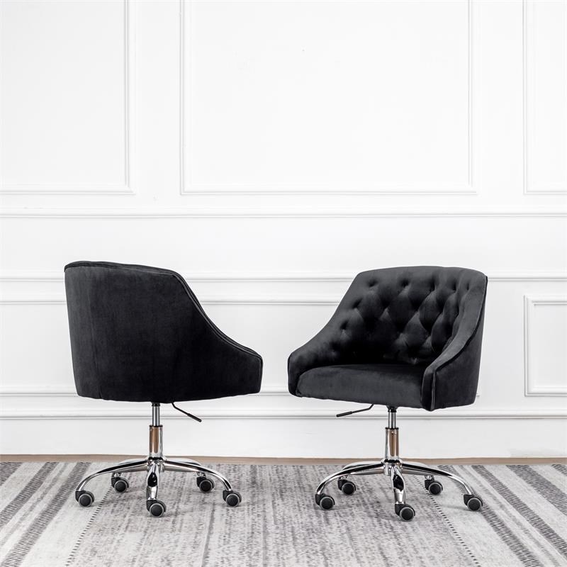 Black Velvet Tufted Swivel Task Chair with Silver Base with Wheels
