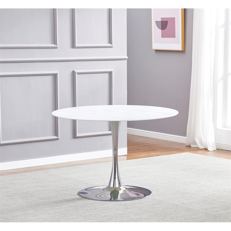 Huey Round Marble Look Glass Dining Table in Silver