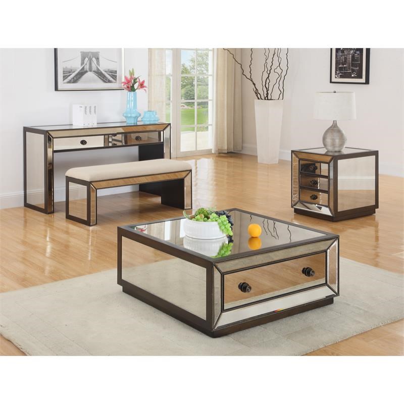 Best Master Furniture Arthur Hazelnut Mirroed Console Table with Bench