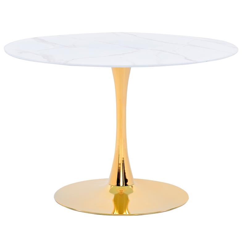 Huey Round Marble Look Glass Dining Table in Gold