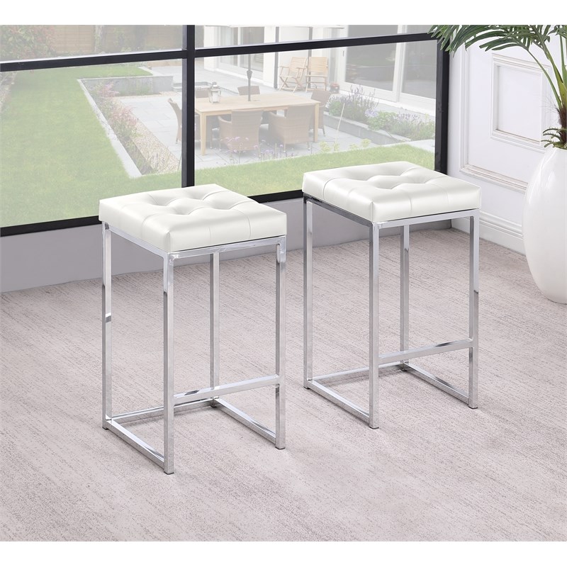 Jersey White Faux Leather Counter Height Stool in Silver (Set of 2)
