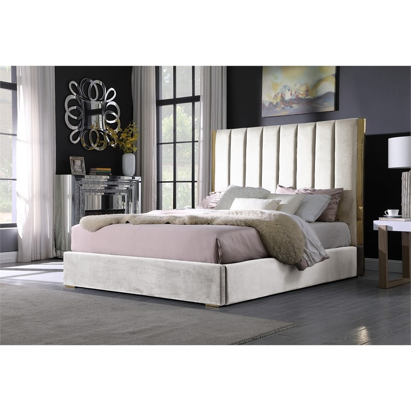 Jalen Beige Velvet Queen Platform Bed with Gold Accents Homesquare