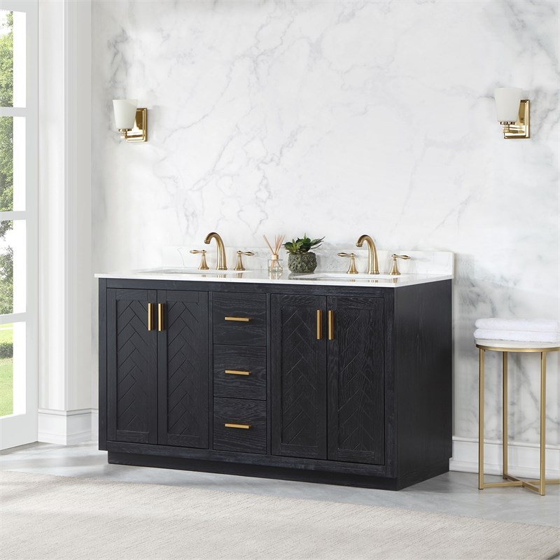 Gazsi 60" Double Bathroom Vanity Set in Black Oak without Mirror