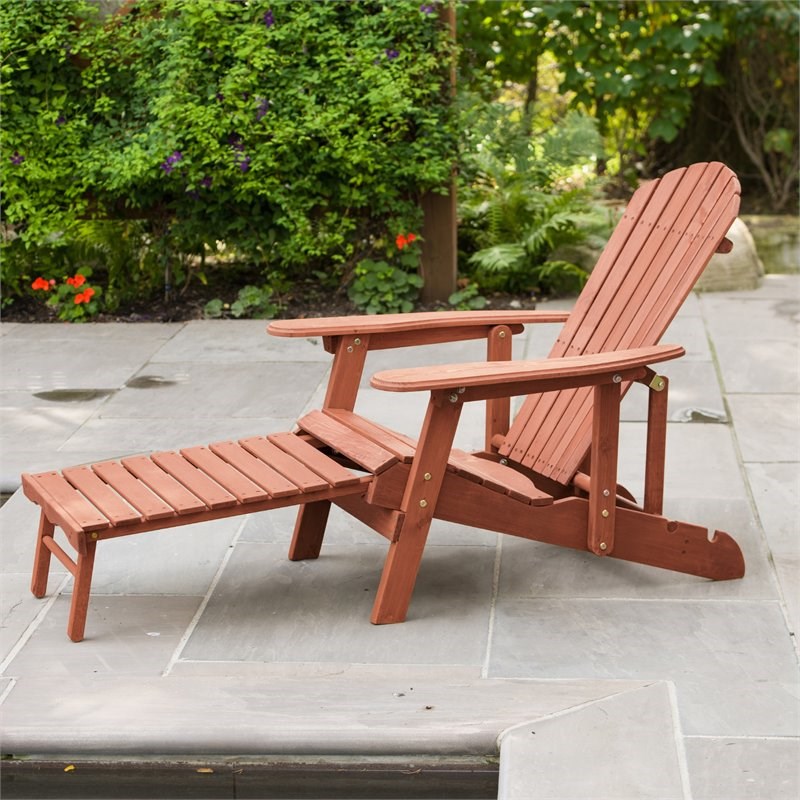 Leisure Season Wood Reclining Adirondack Chair With Pull-Out Ottoman in Brown