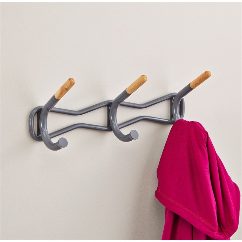 Safco's Steel Charcoal 3 Hook Family Coat Wall Rack With Wooden Tips