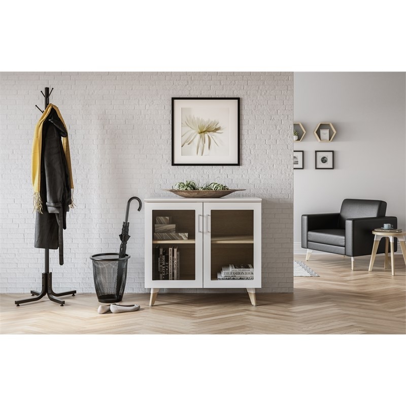 Resi Modern White Multi Level Wood Storage Cabinet With Glass Doors