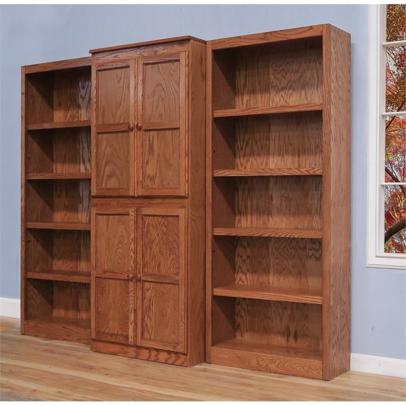 Traditional 72" Tall 15Shelf Wood Bookcase Wall with Doors in Dry Oak