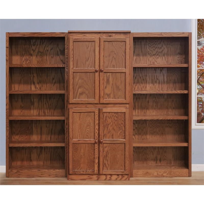 traditional 72" tall 15shelf wood bookcase wall with doors in dry oak