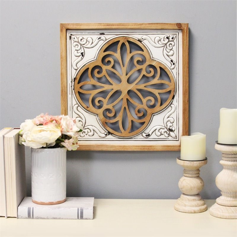 Stratton Home Decor Wood and Metal Square Wall Decor in White Homesquare