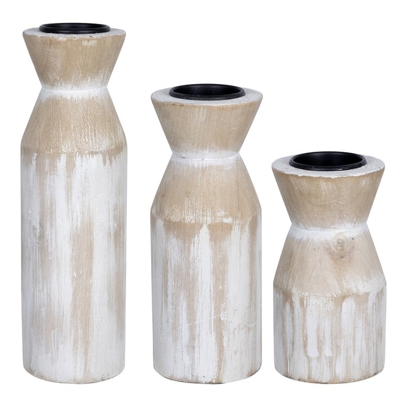 Stratton Home Decor Transitional Wood Candle Holders in Natural (Set of 3)