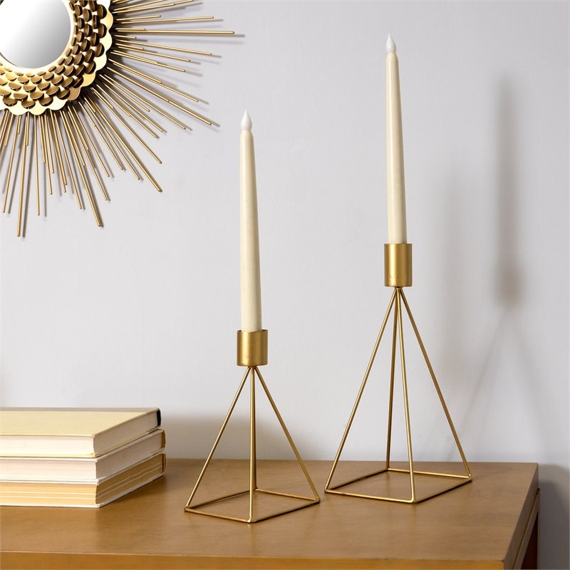 Stratton Home Decor Geometric Taper Metal Candle Holders in Gold (Set of 2)