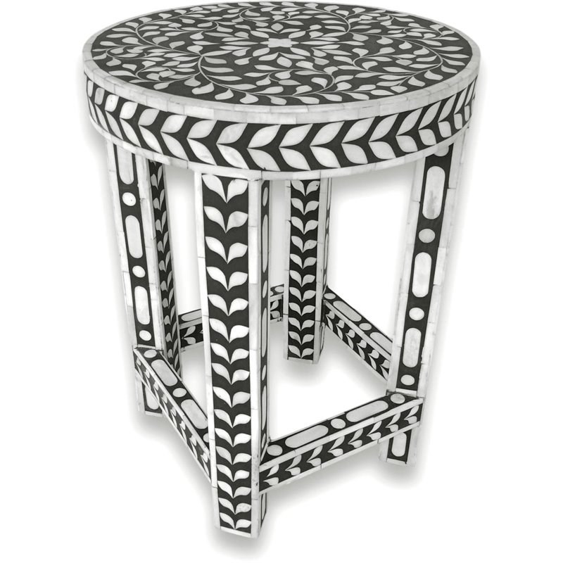 Round Fl Bone Inlay Side Table, Black And White Bone Inlay Side Table