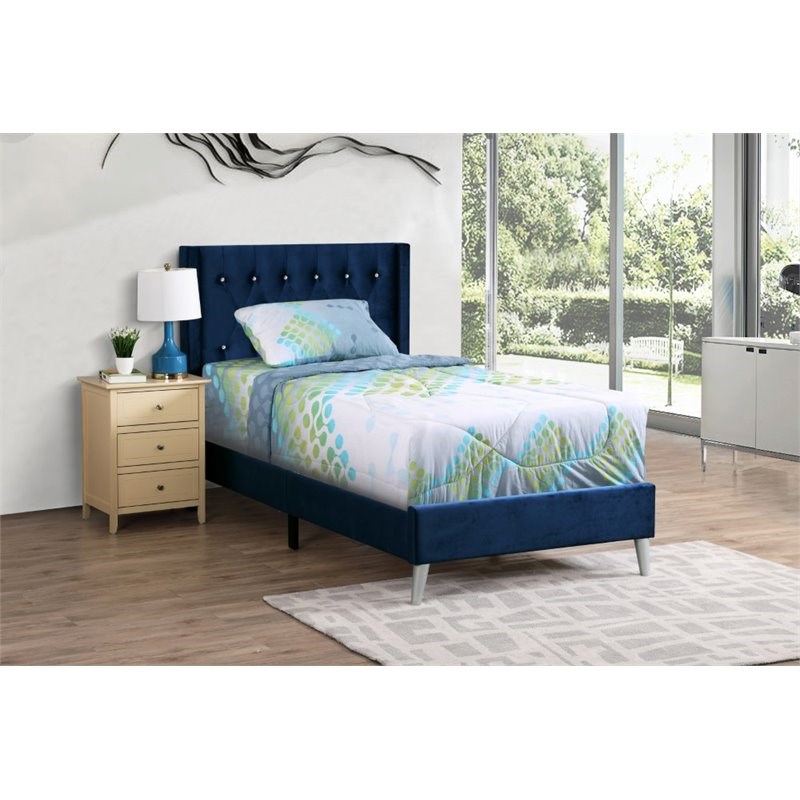 Glory Furniture Bergen Velvet Upholstered Twin Bed in Navy Blue ...