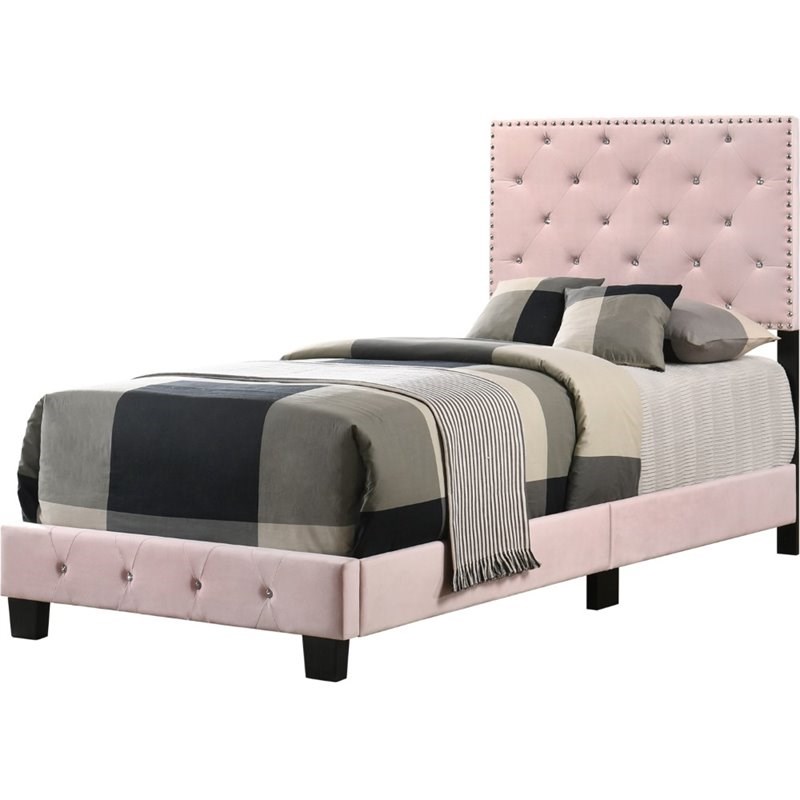 Glory Furniture Suffolk Velvet, Pink Upholstered Twin Bed