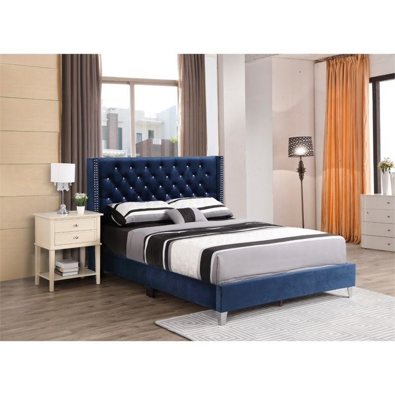 Glory Furniture Julie Velvet Upholstered Queen Bed in Navy Blue ...