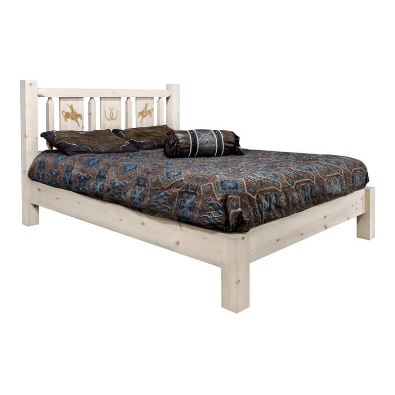 Montana Woodworks Homestead Wood King Platform Bed with Bronc Design in Natural