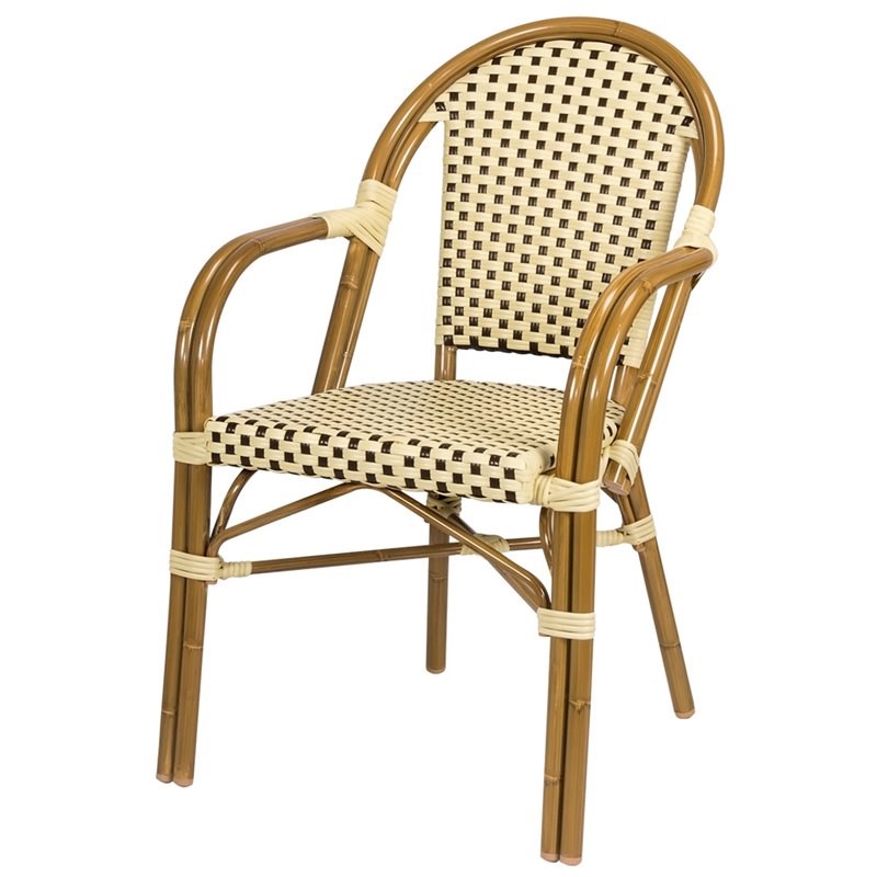 Source Furniture Paris Resin Wicker Patio Dining Arm Chair in Cream & Chocolate