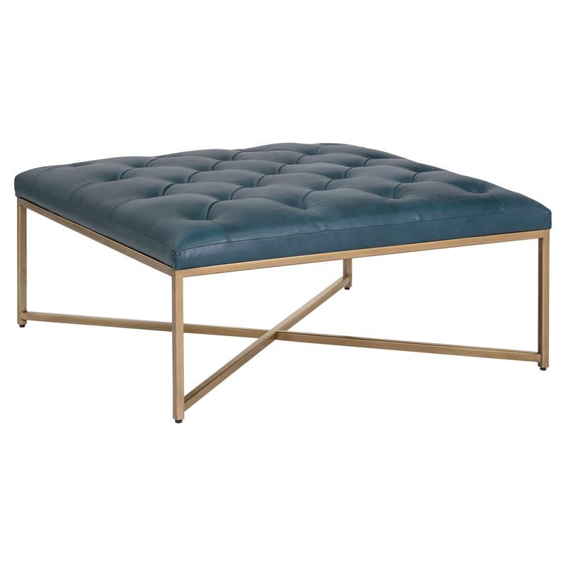 Sunpan Endall 39 5 Square Transitional, Navy Leather Ottoman