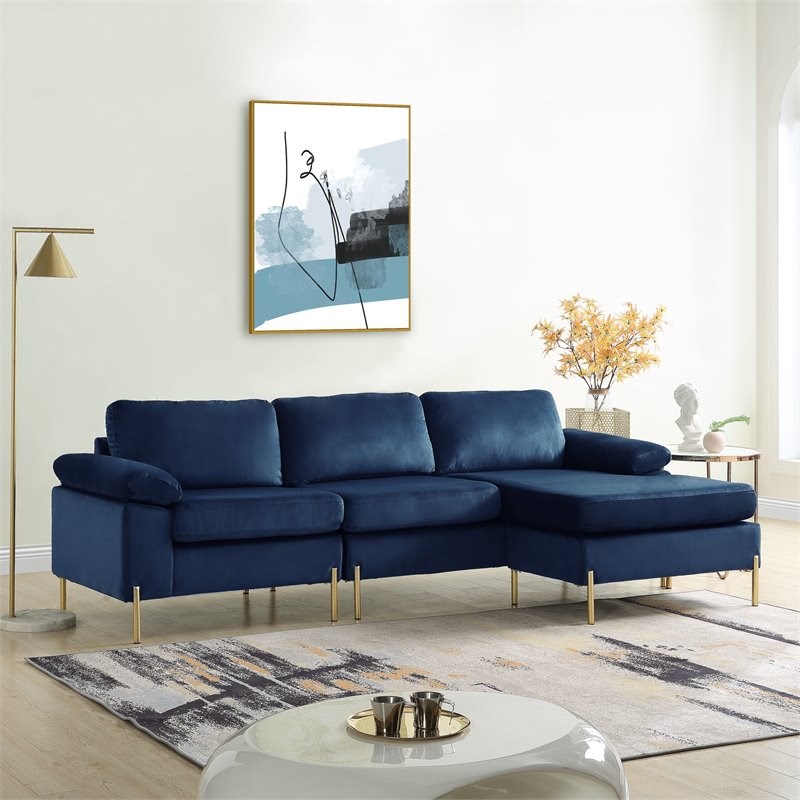Devion Furniture Modern Velvet Sectional Sofa in Blue/Gold legs Homesquare
