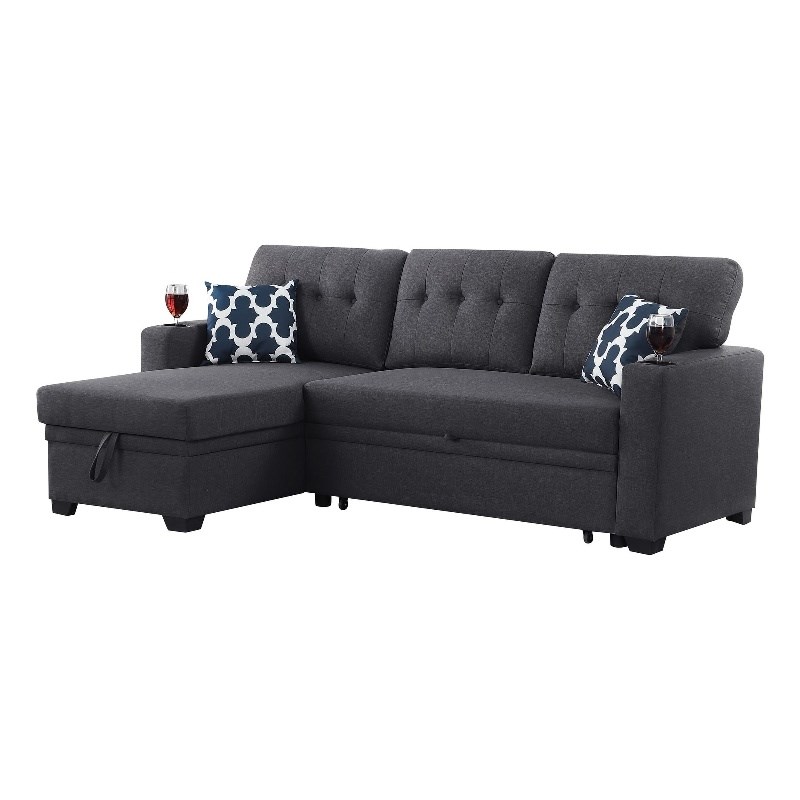Reversible Fabric Sleeper Sofa Bed & Chaise with Cup HolderDark Gray Homesquare
