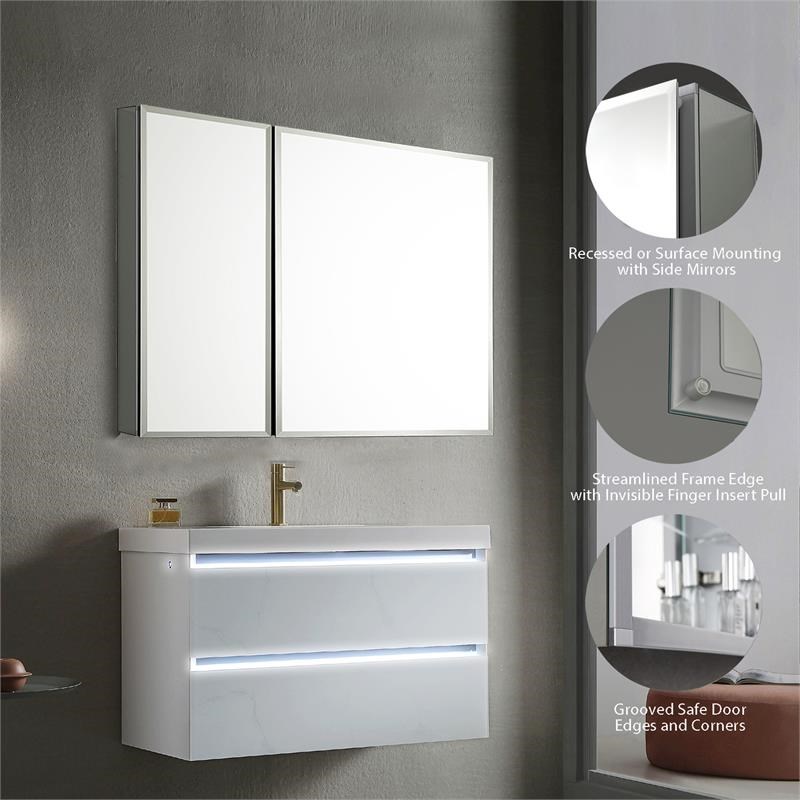 30 Inch Aluminum Bathroom Medicine Cabinet with Recess Or Surface Mount 30x26