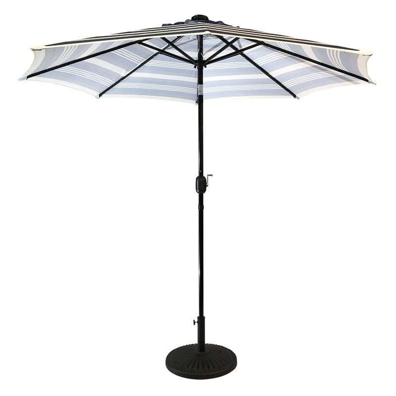 Sun-Ray 9' Round Solar Lighted Umbrella in Navy Striped - Steel - 8Rib