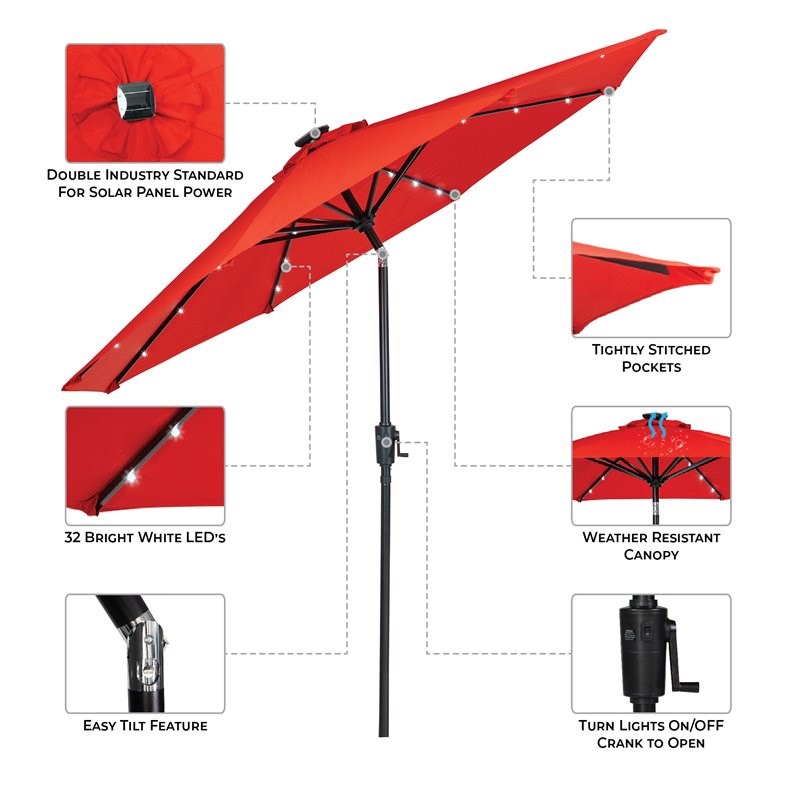 Sun-Ray 9' Round 8-Rib Solar Lighted Umbrella in Ruby Red - Olefin