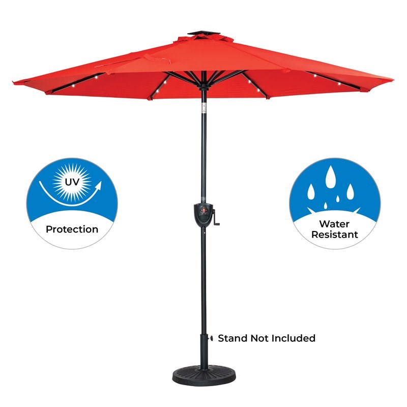 Sun-Ray 9' Round 8-Rib Aluminum Bluetooth Solar Lighted Umbrella in Ruby Red