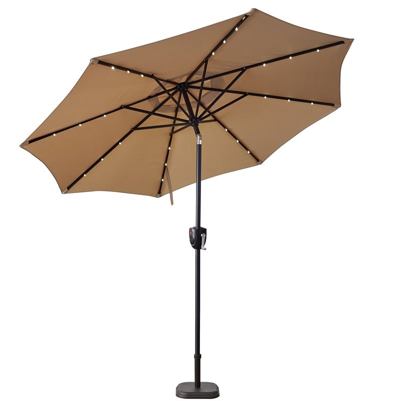 Sun-Ray 9' Round 8-Rib Aluminum Bluetooth Solar Lighted Umbrella in Taupe