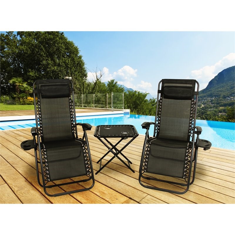 Patio Premier 3Pc Zero Gravity Set in Black - 2 Chairs with Cupholders & 1 Table