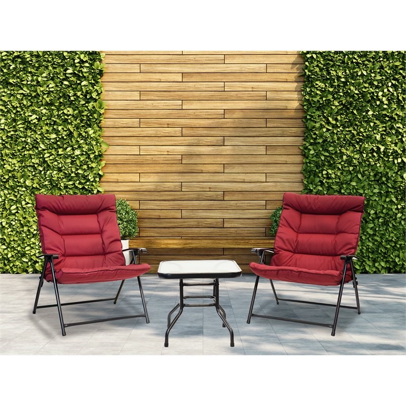 Patio Premier 3Pc Folding Set with Scarlet Cushions and Black Frame