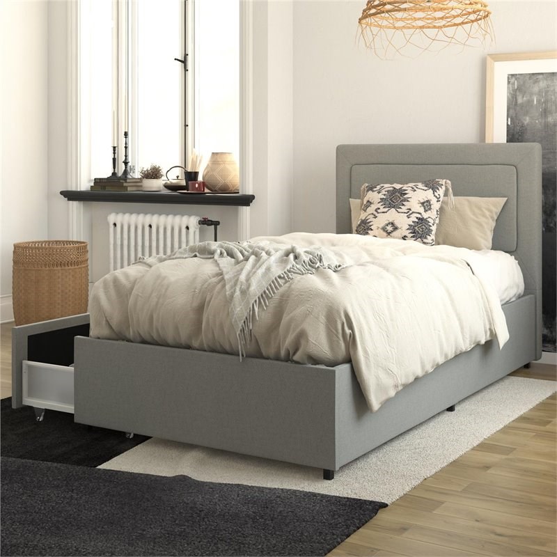 RealRooms Alden Upholstered Bed with Storage Drawers Twin Size in Gray