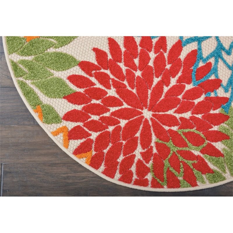 HomeRoots 4' Round Floral Polypropylene Fabric Area Rug in Green/Multi-Color