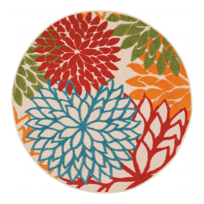 HomeRoots 4' Round Floral Polypropylene Fabric Area Rug in Green/Multi-Color