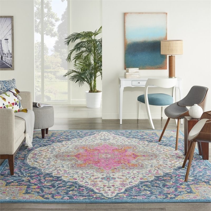 HomeRoots 8' x 10' Medallion Fabric Area Rug in Blue/Pink & Multi-Color