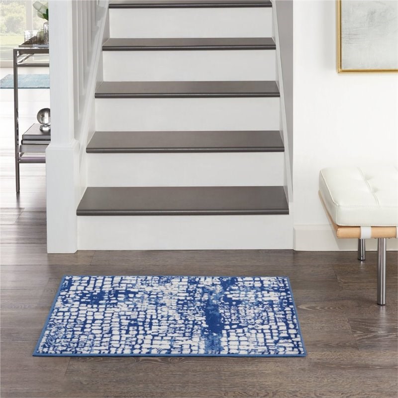 HomeRoots 4' x 6' Abstract Grids Fabric Area Rug in Ivory/Navy