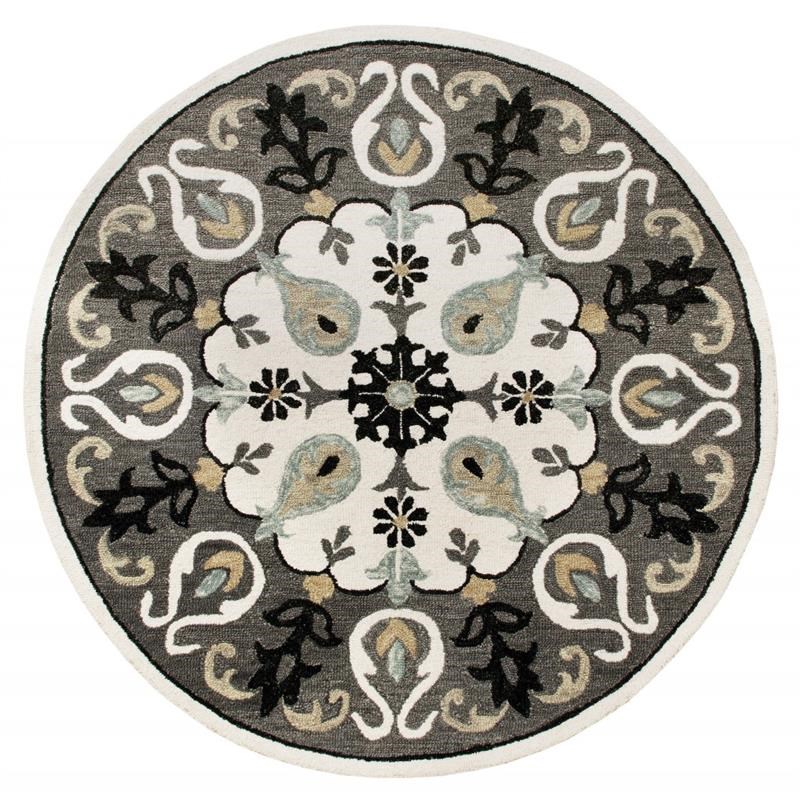 5' Round Gray and White Floral Medallion Area Rug