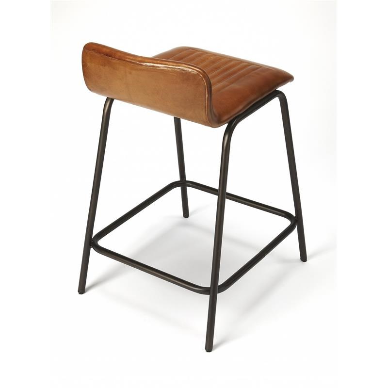 Brown Leather and Metal Counter Stool
