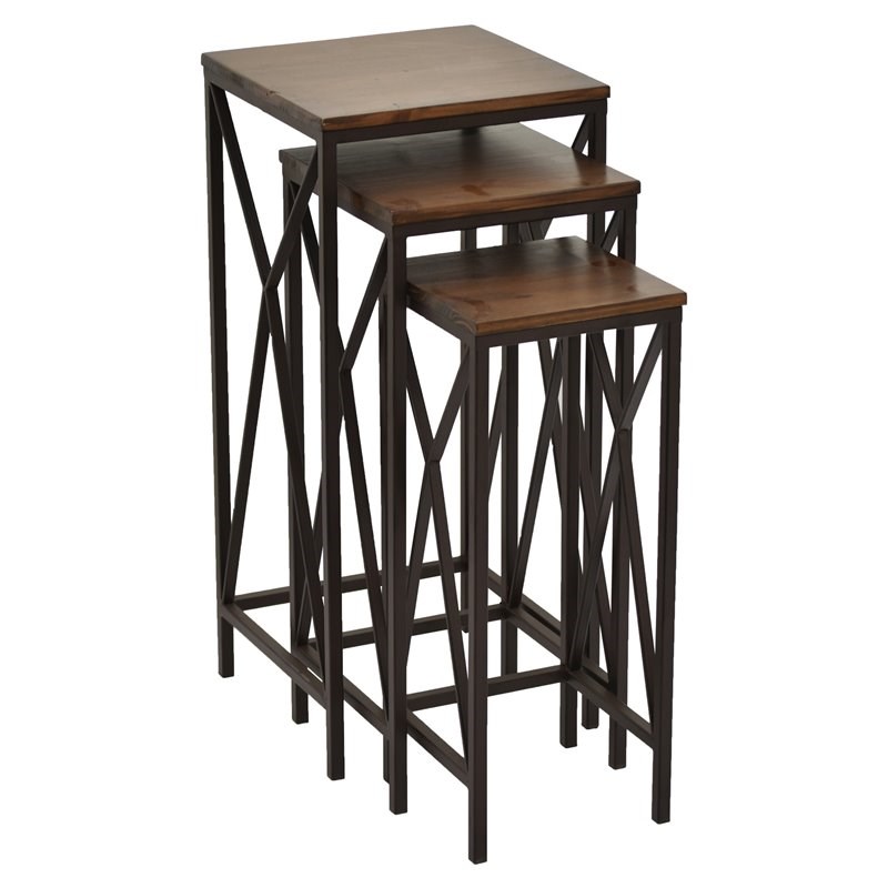 Plutus 3 Piece Modern Metal and Wood Top Table Set in Brown