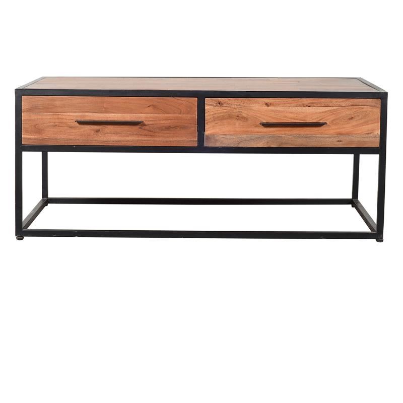 2 Drawer Industrial Metal Coffee Table with Wooden Tile Top in Brown and Black