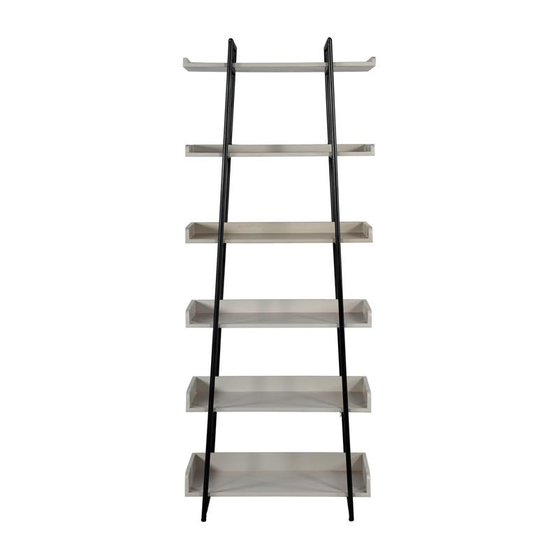 6-Tier Wooden Ladder Storage Bookshelf with Metal Frame in Gray and Black
