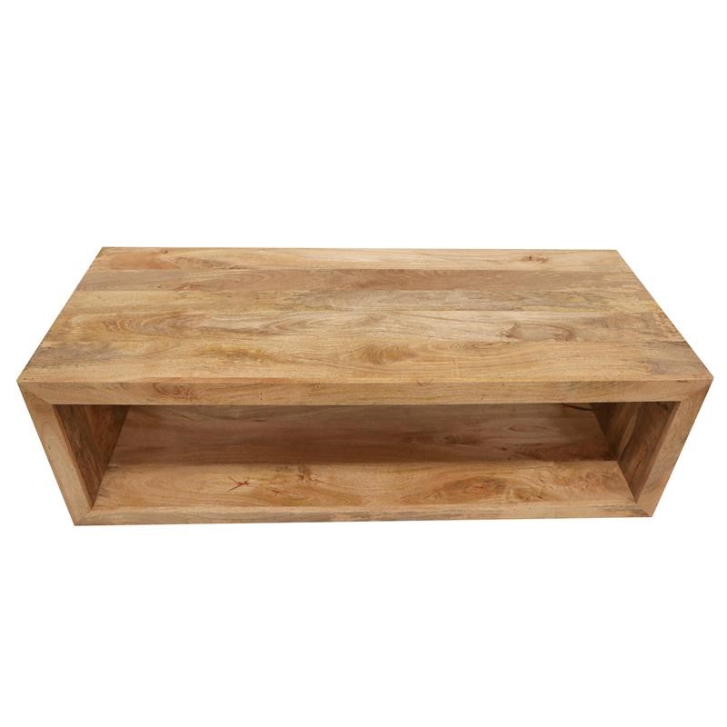Cube Shape Mango Wood Coffee Table with Open Bottom Shelf in Natural Brown