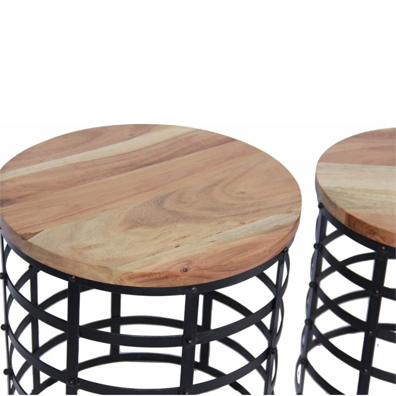 Nesting Wood Coffee Tables With Caged Metal Base in Black and Brown - Set of 3
